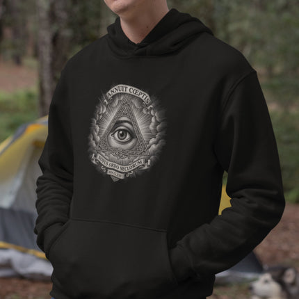Black hoodie featuring the Eye of Providence pyramid graphic, Great Seal, and occult symbols.