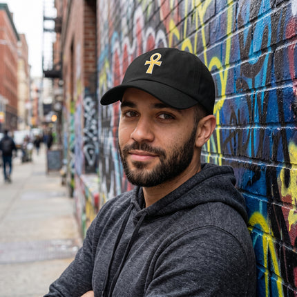 Black baseball cap featuring gold embroidered Ankh symbol, Egyptian symbol of life.
