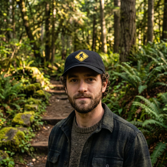 Black baseball cap featuring an embroidered Bigfoot crossing warning sign.