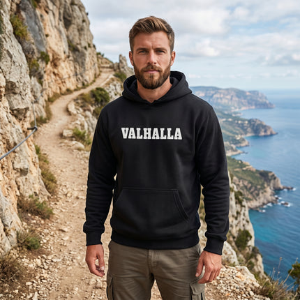 Black Valhalla text pullover hoodie. Unisex Norse mythology graphic sweatshirt for men and women.