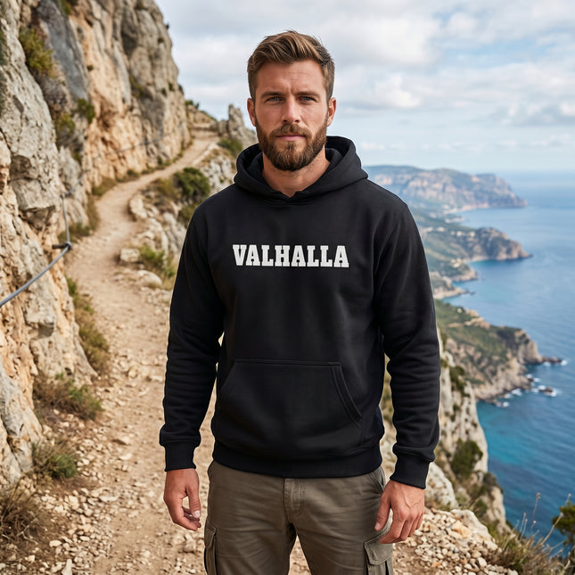 Black Valhalla text pullover hoodie. Unisex Norse mythology graphic sweatshirt for men and women.