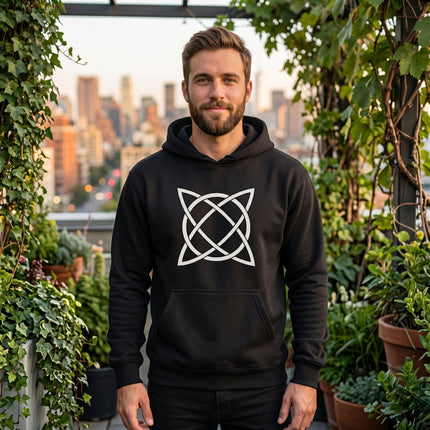 Black hoodie featuring a white Celtic knotwork symbol design.