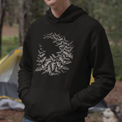 Circular graphic of a dense bat swarm on a black gothic pullover hoodie.