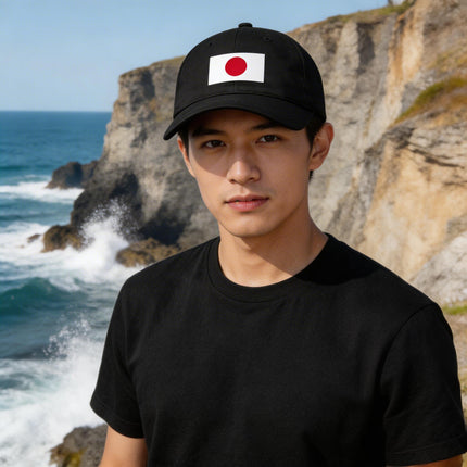 Black baseball cap featuring the red Japanese Hinomaru sun circle logo.