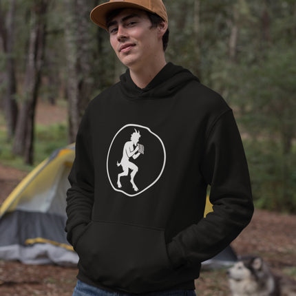 Satyr playing flute graphic print on a unisex pullover hoodie sweatshirt.