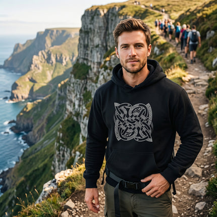 Black hoodie featuring Norse Ouroboros and Celtic knotwork graphic design.