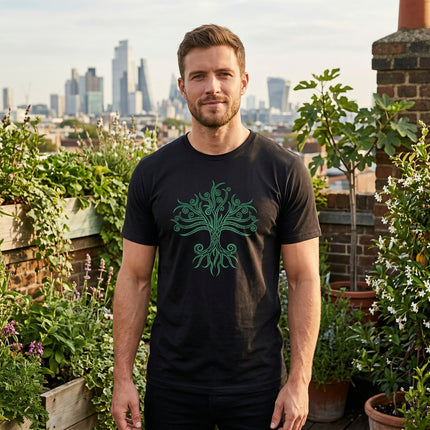 Black T-shirt featuring a green Celtic Tree of Life Yggdrasil graphic design.