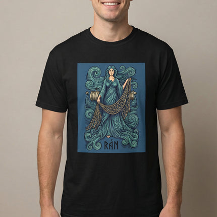 Rán, Norse Sea Goddess, graphic art on a black tee, surrounded by ocean waves and a fishing net.