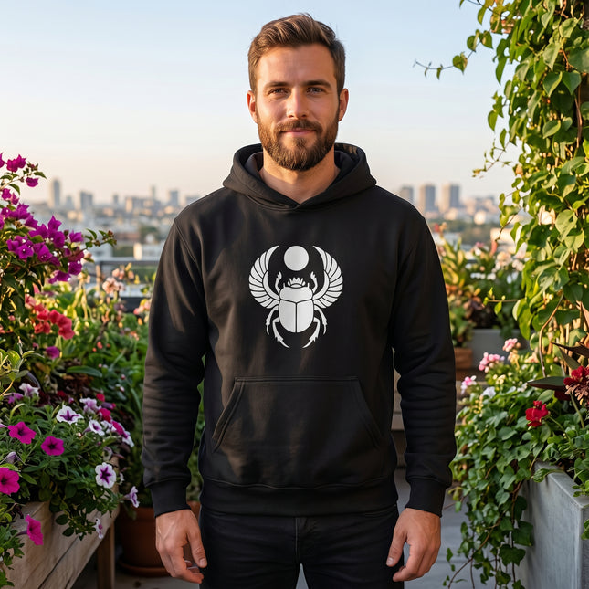 Khepri scarab beetle graphic on black pullover hoodie, featuring Egyptian mythology design.