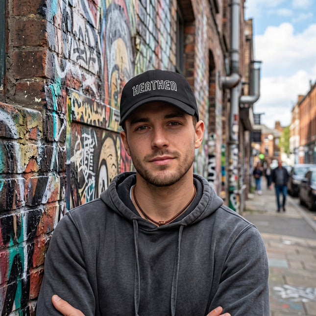 Black embroidered Heathen dad hat baseball cap.