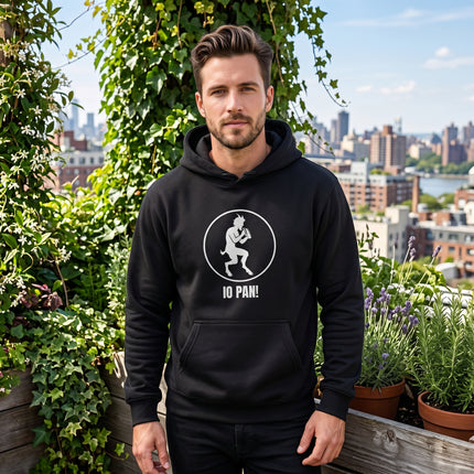 IO PAN! Satyr graphic on a black hoodie, symbolizing Greek mythology and nature.