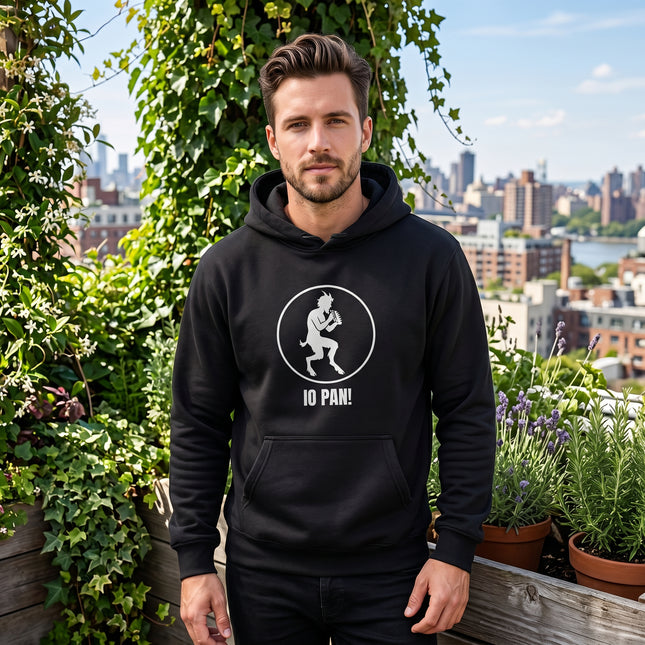 IO PAN! Satyr graphic on a black hoodie, symbolizing Greek mythology and nature.