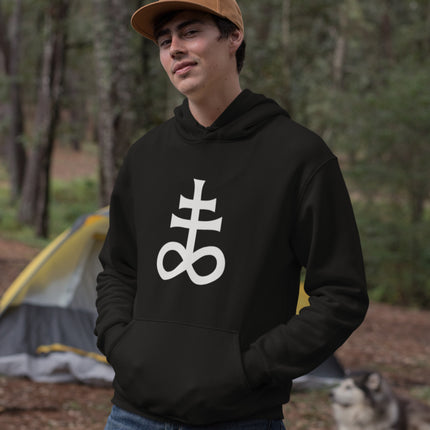 Black hoodie with Leviathan Cross and alchemical Sulfur symbol print.