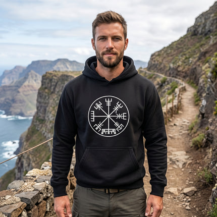 Black hoodie featuring the Vegvisir Norse compass symbol graphic.