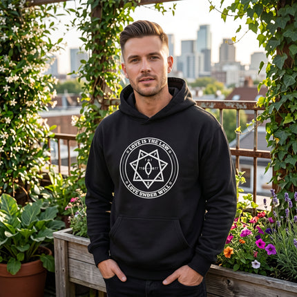 Black occult hoodie featuring the Star of Babalon symbol and "Love Is The Law" graphic print.