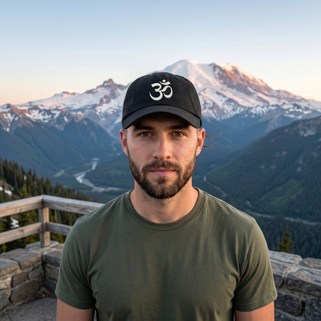 Black dad hat featuring the embroidered Om (Aum) symbol for spiritual streetwear style.