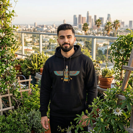 Faravahar Zoroastrian symbol graphic hoodie on black pullover.