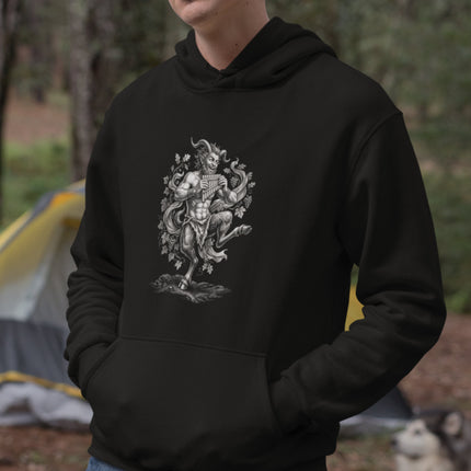 Pan satyr god illustration on black hoodie, featuring Greek mythology art.