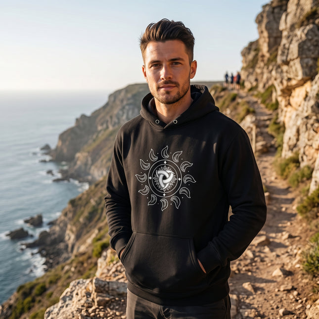 Black hoodie featuring Odin's horns Norse mythology graphic and rune circle design.
