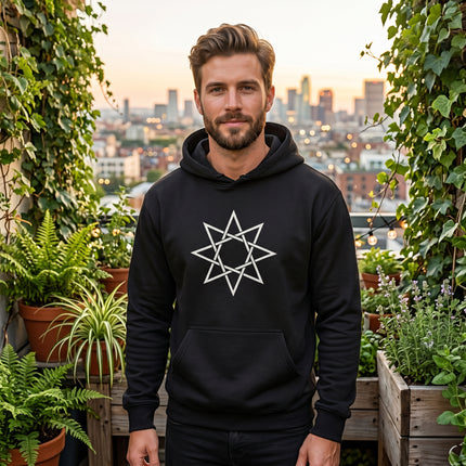 Black octagram sacred geometry star graphic on a unisex pullover hoodie.