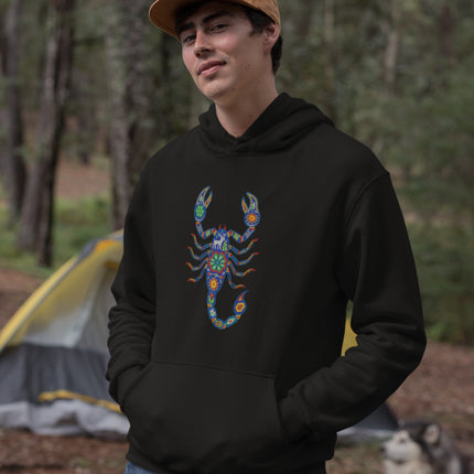 Mexican Huichol art hoodie featuring vibrant scorpion folk design print.