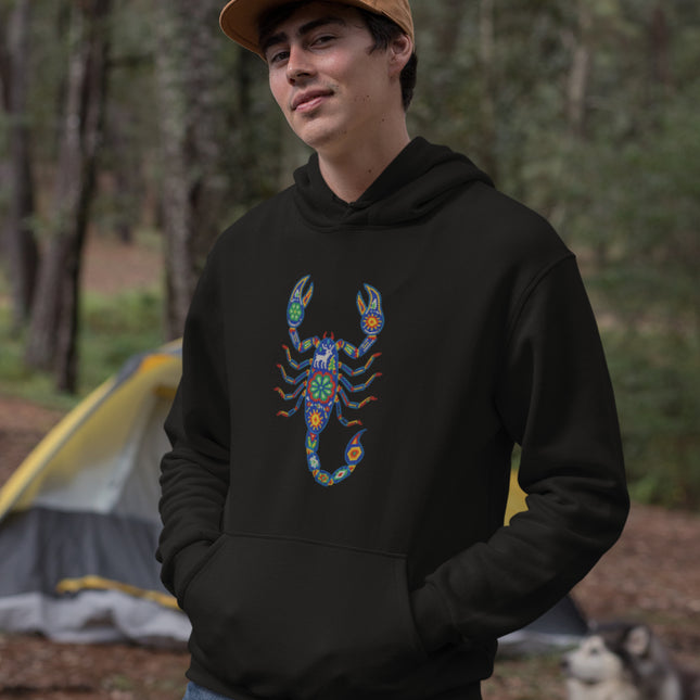 Huichol Scorpion Hoodie | Vibrant Mexican Folk Art Design Pullover Hoodie