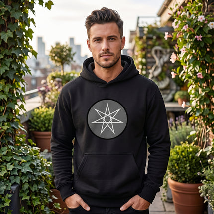 Black pullover hoodie featuring a minimalist sacred geometry heptagram star graphic.
