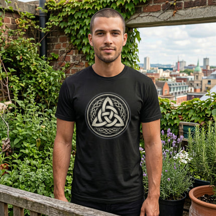 Black Triquetra Celtic knot graphic t-shirt featuring the interwoven symbol.