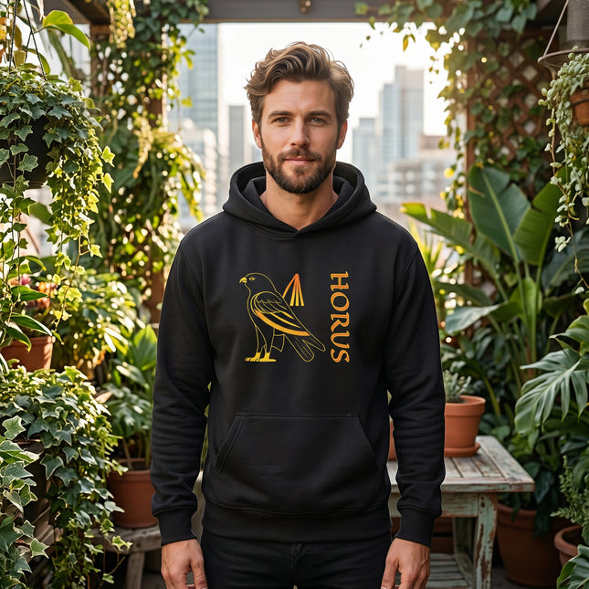 Black unisex hoodie with gold Horus falcon and Egyptian Eye of Horus symbol graphic print.