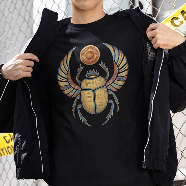 Khepri Scarab Egyptian Sun God T-Shirt | Winged Beetle Hieroglyphs Tee