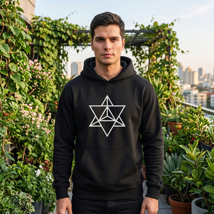 Black sacred geometry hoodie featuring the white Merkaba star symbol.