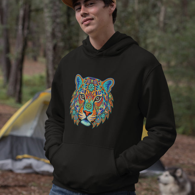 Huichol Jaguar Hoodie | Vibrant Mexican Folk Art Animal Pullover Hoodie
