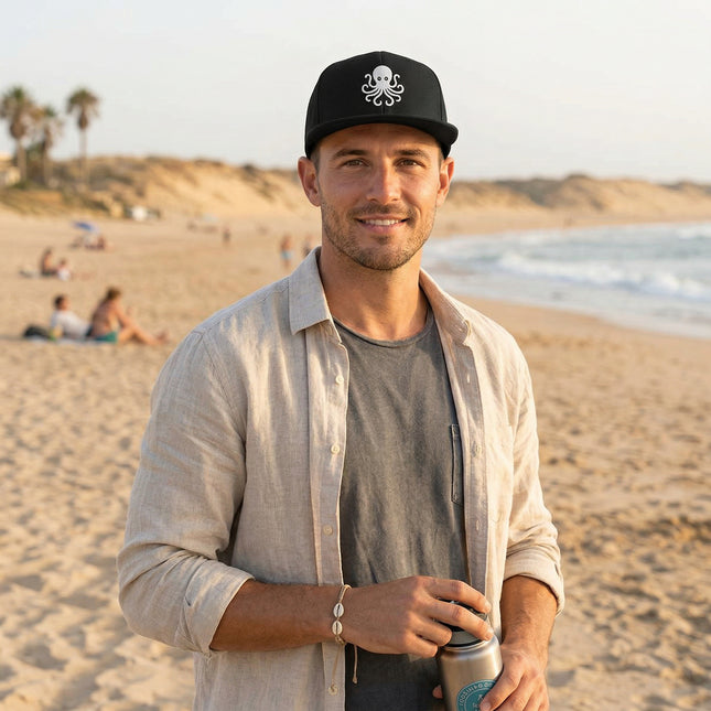 Black snapback cap with white embroidered octopus, perfect for coastal or nautical style.