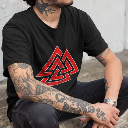 Red Valknut Viking symbol graphic tee shirt featuring Norse mythology design.