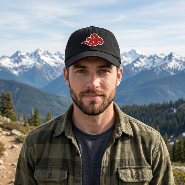 Black baseball cap with red embroidered Chinese auspicious cloud symbol.