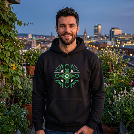 Green and gold Celtic Cross knotwork symbol on a black unisex hoodie.