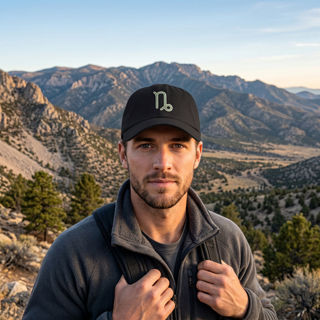 Black embroidered cap featuring the Capricorn zodiac symbol. Astrology lover gift.