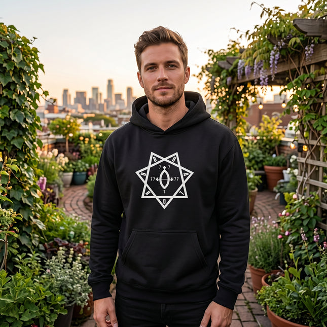 Black pullover hoodie featuring the Star of Babalon occult seal graphic. Thelema apparel.