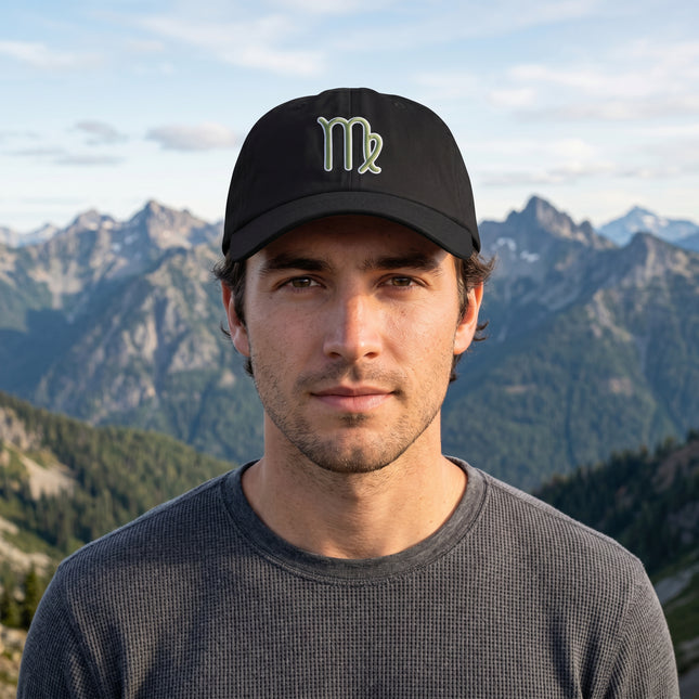 Black baseball cap featuring embroidered Virgo zodiac symbol.