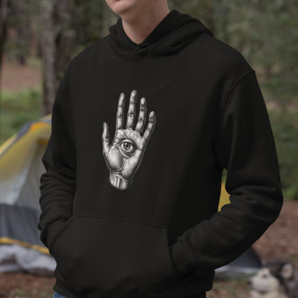 Mystic all-seeing eye palm graphic on a black pullover hoodie.