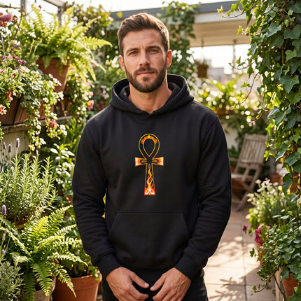 Black hoodie featuring a flaming Ankh symbol graphic, representing ancient Egyptian mythology.