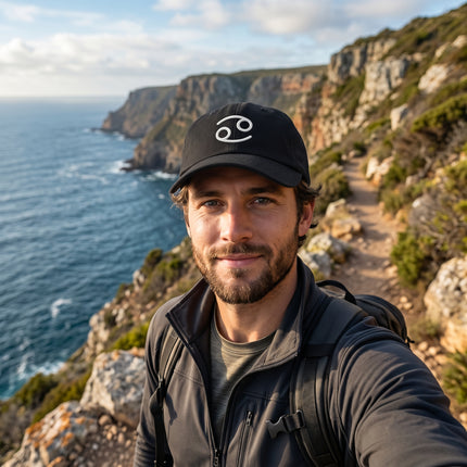 Black baseball cap with embroidered Cancer zodiac sign symbol.