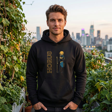 Black hoodie featuring Horus, the Egyptian god graphic, ankh, and staff.