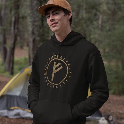 Black hoodie featuring the Fehu rune and Elder Futhark Norse symbol circle design.