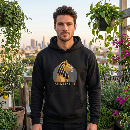 Sekhmet Egyptian lion goddess graphic on a black unisex hoodie. Mythology apparel.