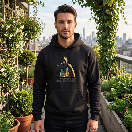 Black Anubis hoodie featuring the Egyptian jackal god graphic and text.