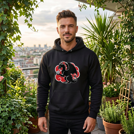 Black dragon on red cloud graphic hoodie, Chinese style mythology apparel.
