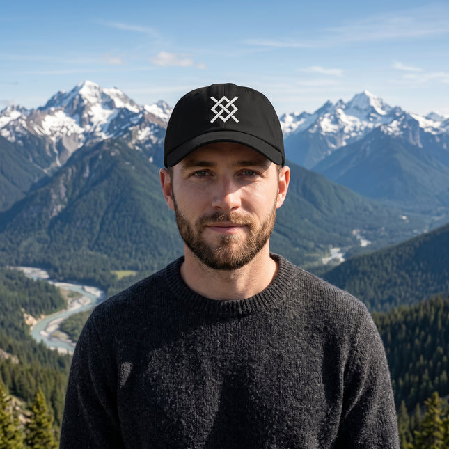 Black Viking baseball cap featuring the embroidered Gungnir Norse symbol.
