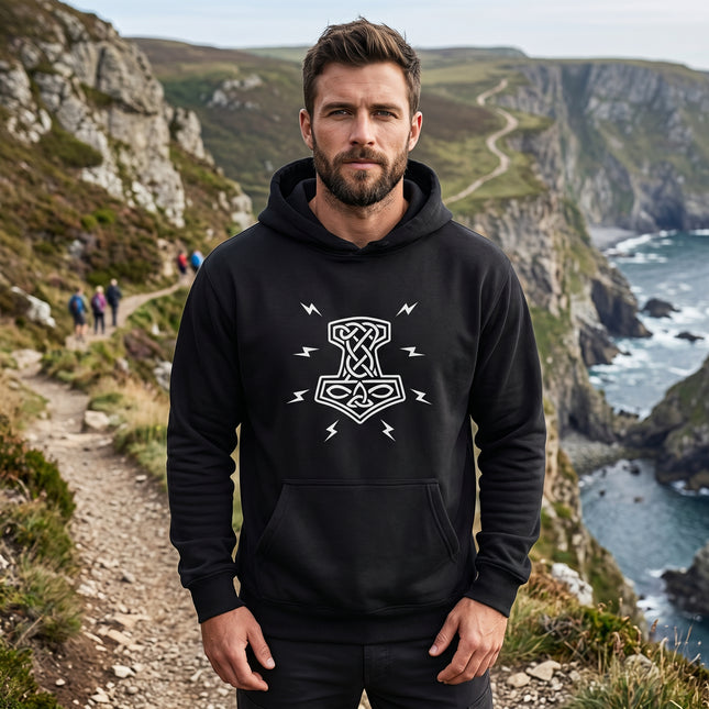 Black hoodie featuring a graphic Mjolnir and Norse knotwork design. Unisex Viking mythology apparel.
