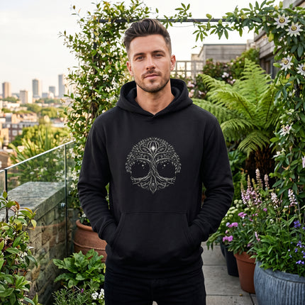 Celtic Tree of Life graphic hoodie featuring an intricate world tree design.